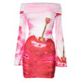 Cherry pattern contrast off shoulder long sleeve mini dress