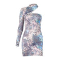 Irregular contrast print long sleeve one shoulder mini dress