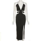 Hollow out deep v neck solid slit maxi dress