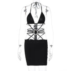 Halter self tie ruched backless stone applique solid mini dress