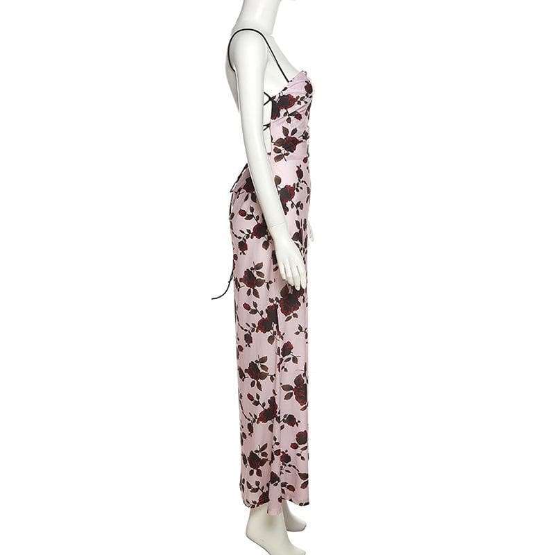Flower print low cut spaghetti strap contrast lace up backless midi dress