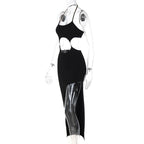Metal chain halter backless hollow out slit solid midi dress