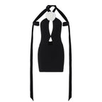 Flower applique contrast self tie halter backless hollow out mini dress