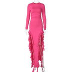 Long sleeve crewneck ruffle slit solid ruched maxi dress