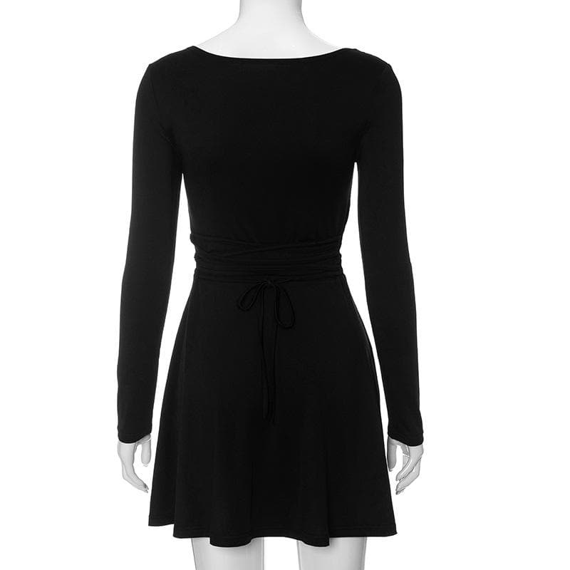 Square neck long sleeve solid lace up 2-way mini dress