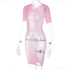 Fishnet hollow out lace up short sleeve solid mini dress