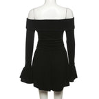 Flower applique off shoulder long flared sleeve slit mini dress