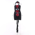 Flower applique hollow out ruched contrast tube mini dress