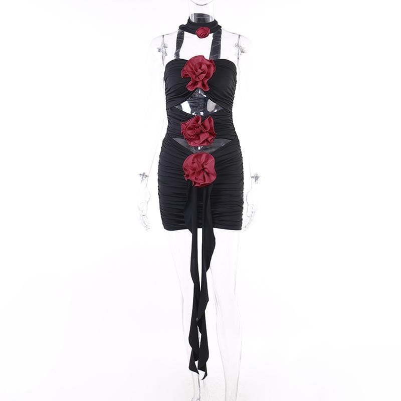 Flower applique hollow out ruched contrast tube mini dress