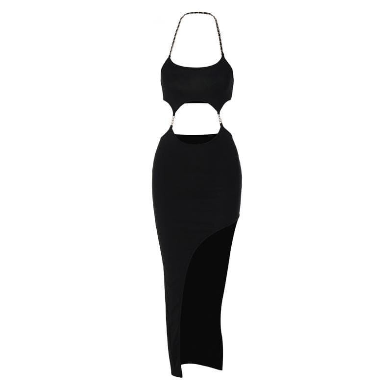 Metal chain halter backless hollow out slit solid midi dress