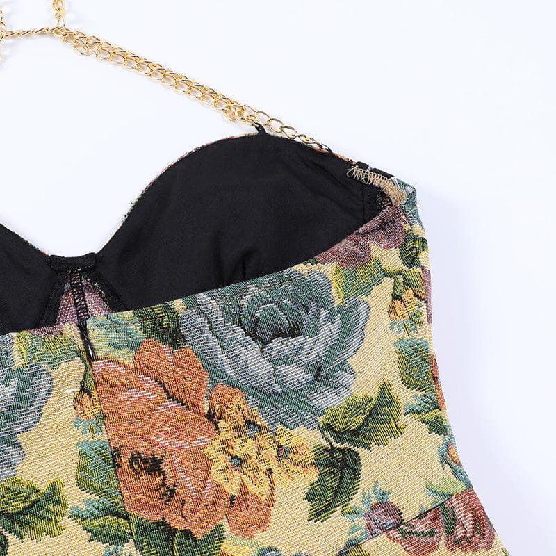 Halter metal chain print corset slit dress
