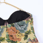 Halter metal chain print corset slit dress