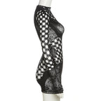 Fishnet long sleeve hollow out see through irregular mini dress