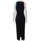 V neck contrast low cut sleeveless slit midi dress