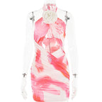 Flower applique cross front ruched contrast self tie mini dress