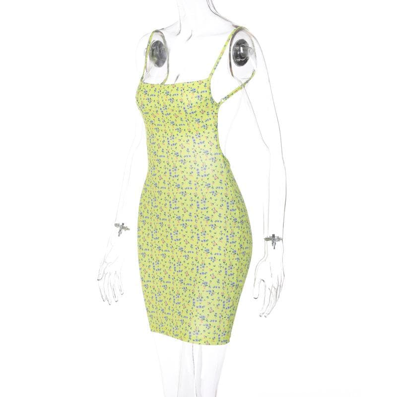 Flower print square neck backless contrast mini dress