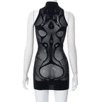 Fishnet sleeveless hollow out high neck see through mini dress