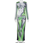 Long sleeve body print crewneck abstract contrast maxi dress