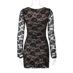 Long sleeve v neck lace contrast patchwork mini dress