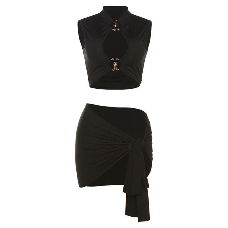 Sleeveless o ring self tie hollow out solid mini dress