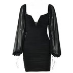 Mesh solid long sleeve ruched notch neck zip-up mini dress