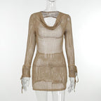 Crochet see through cowl neck long sleeve hollow out mini dress