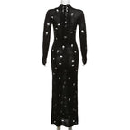 Crochet solid long sleeve high neck lace up maxi dress