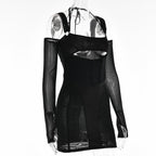 Gloves mesh corset off shoulder hollow out long sleeve halter mini dress