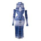 Contrast abstract print hollow out slit gloves midi dress