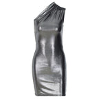 Metallic one shoulder ruched sleeveless irregular mini dress