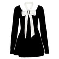 Bowknot long sleeve square neck zip-up contrast 2-way mini dress