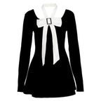Bowknot long sleeve square neck zip-up contrast 2-way mini dress