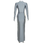 Knotted slit solid long sleeve ruched maxi dress