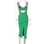 Hollow out V neck ribbed midi dress