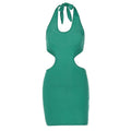Sleeveless solid v neck halter self tie backless hollow out mini dress