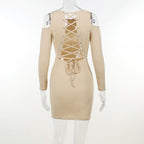 Long sleeve solid hollow out lace up self tie mini dress