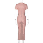 Crewneck body pattern short sleeve striped contrast midi dress
