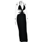 Hollow out self tie halter backless solid maxi dress