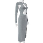 Hollow out long sleeve crewneck slit irregular o ring midi dress