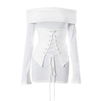Lace up long sleeve off shoulder ruched solid mini dress
