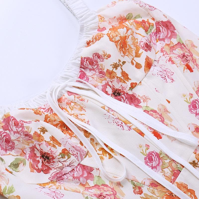 Flower print ruched self tie sleeveless contrast slit zip-up midi dress