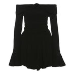 Flower applique off shoulder long flared sleeve slit mini dress