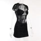 Button short sleeve hollow out textured mini dress