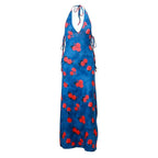 Flower print halter contrast lace up backless v neck midi dress