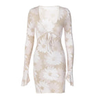 Long sleeve v neck ruffle self tie abstract mini dress