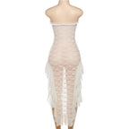 Lace see through ruffle backless slit tube midi dress