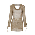 Crochet see through cowl neck long sleeve hollow out mini dress