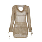 Crochet see through cowl neck long sleeve hollow out mini dress