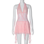 PRE ORDER - Halter v neck backless lace self tie hollow out mini dress