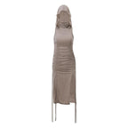 Drawstring hoodie sleeveless solid slit high neck midi dress